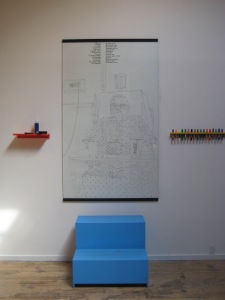 Paper, Pen, Letra-set, Glass, Wood, 6' x 4'. This is a hand drawn image of my Grandpa Jack on his last day on earth. Propped up in his hospital bed, Grandpa Jack drinks a Coca-Cola and forgets about his cup of coffee, which I finished. 